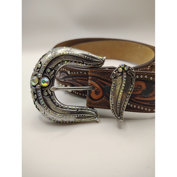 Tony Lama Western Cowgirl Belt Sparkle Rhinestone Feather Buckle Brown Size 38 - Picture 2 of 6